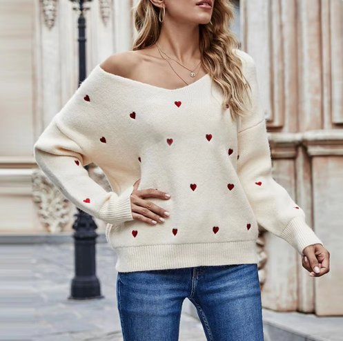 Pull col V élégant à motif cœur pour femme – Tricot coupe décontractée