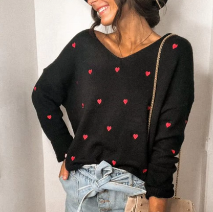 Pull col V élégant à motif cœur pour femme – Tricot coupe décontractée