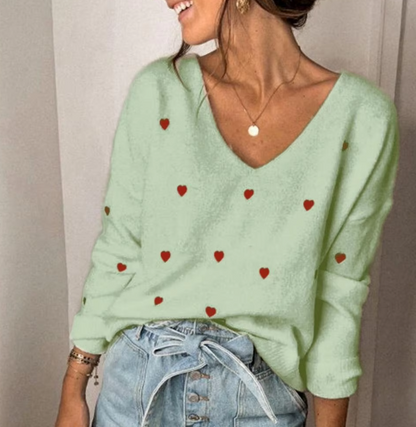 Pull col V élégant à motif cœur pour femme – Tricot coupe décontractée