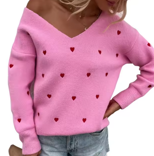 Pull col V élégant à motif cœur pour femme – Tricot coupe décontractée