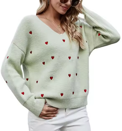 Pull col V élégant à motif cœur pour femme – Tricot coupe décontractée