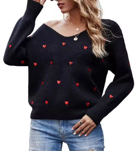 Pull col V élégant à motif cœur pour femme – Tricot coupe décontractée