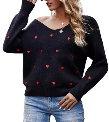Pull col V élégant à motif cœur pour femme – Tricot coupe décontractée
