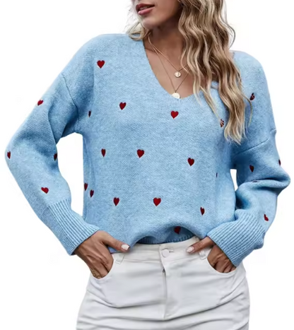 Pull col V élégant à motif cœur pour femme – Tricot coupe décontractée