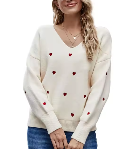 Pull col V élégant à motif cœur pour femme – Tricot coupe décontractée