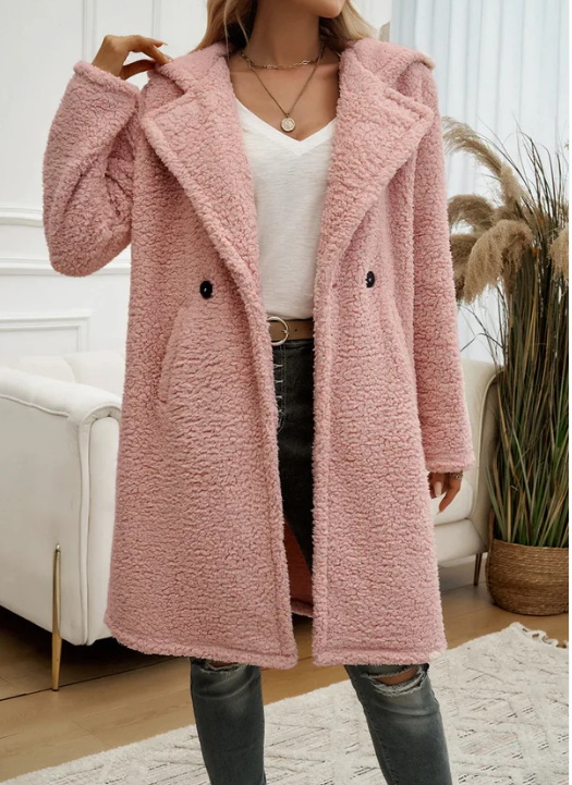 Manteau Femme Élégant à Capuche en Peluche – Manteau d’Hiver Douillet à Revers
