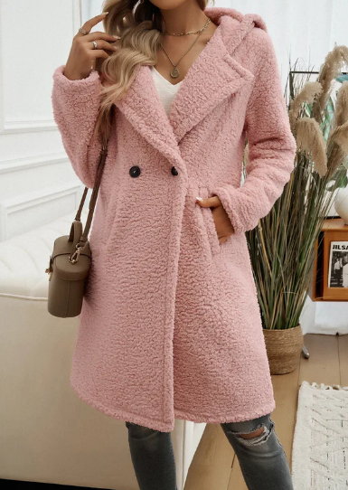 Manteau Femme Élégant à Capuche en Peluche – Manteau d’Hiver Douillet à Revers