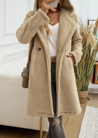 Manteau Femme Élégant à Capuche en Peluche – Manteau d’Hiver Douillet à Revers