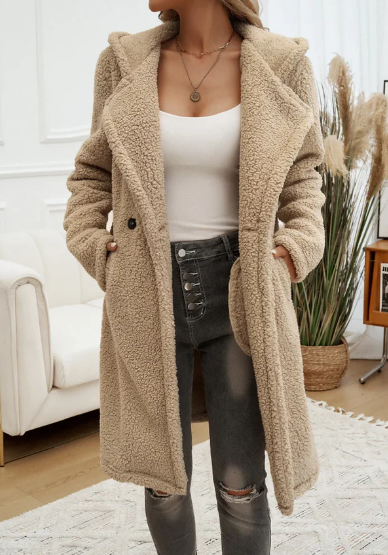 Manteau Femme Élégant à Capuche en Peluche – Manteau d’Hiver Douillet à Revers