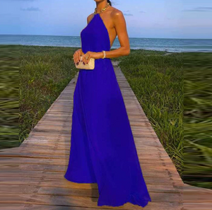 Elegant yellow flowing long dress with halter neckline for women – Confidence, Charm