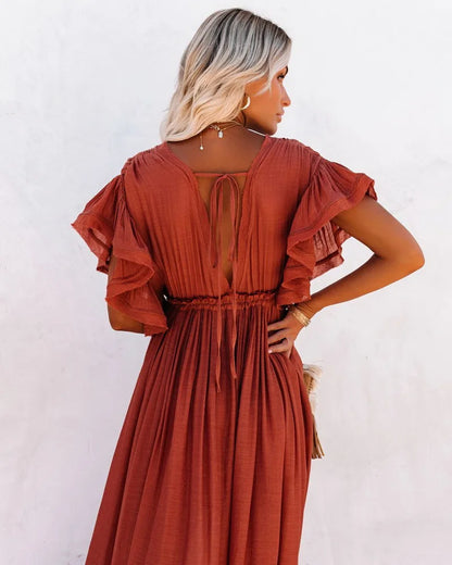 Robe Maxi Élégante Brique Femme – Col V Boutonné et Manches Volantes