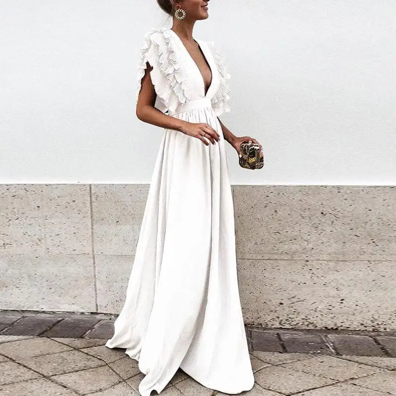 Robe Maxi Fluide pour Femme – Manches Volantées Élégantes avec Col V Profond