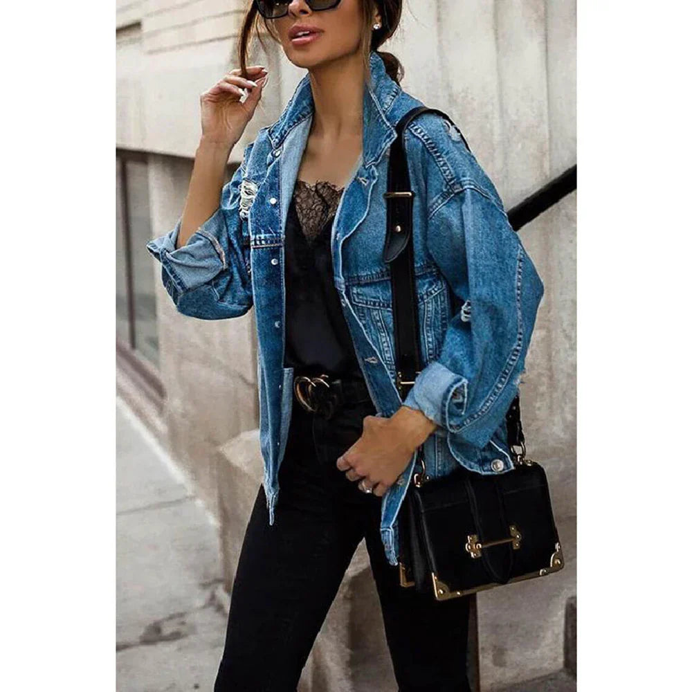 Femme Élégante Bleue Oversized Denim Veste – Vêtements d'extérieur Décontracté Vintage