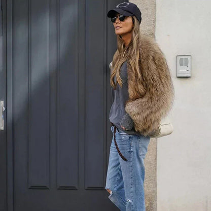 Femme Veste fourrure marron élégante luxueuse – Élégante, polyvalente, confortable