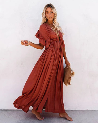 Robe Maxi Élégante Brique Femme – Col V Boutonné et Manches Volantes