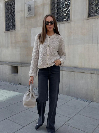 Gilet Douillet en Teddy pour Femme – Veste Courte Boutonnée Chaude