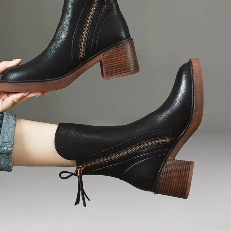Bottines femme en cuir à talon – Bottes cheville élégantes avec semelle intérieure rembourrée et zip métallique