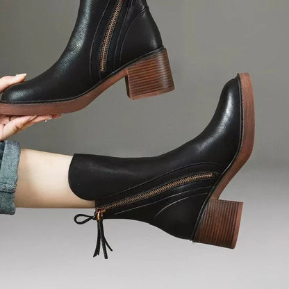 Bottines femme en cuir à talon – Bottes cheville élégantes avec semelle intérieure rembourrée et zip métallique