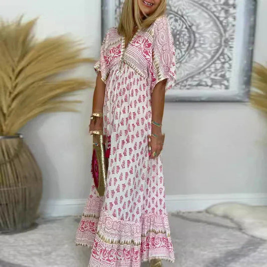 Women's Bohemian Printed Long Dress – Maxi Dress with V-Neck and Short Sleeves, Summer Boho Chic Style
