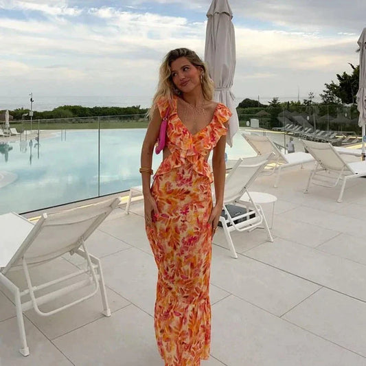 Robe Élégante d’Été à Volants pour Femme – Maxi Robe Sans Manches avec Dos Nu
