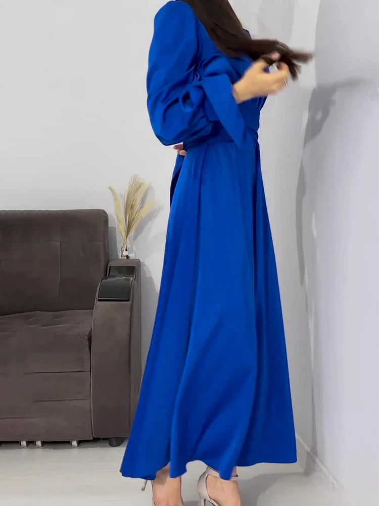 Robe de Soirée Élégante en Satin pour Femme – Maxi Robe Swing avec Manches Bouffantes Longues