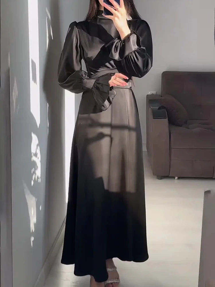 Robe de Soirée Élégante en Satin pour Femme – Maxi Robe Swing avec Manches Bouffantes Longues