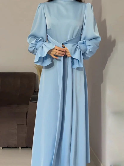 Robe de Soirée Élégante en Satin pour Femme – Maxi Robe Swing avec Manches Bouffantes Longues