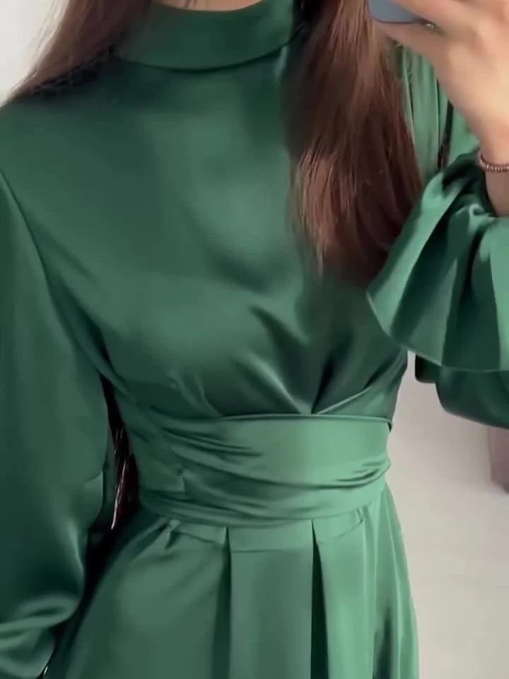 Robe de Soirée Élégante en Satin pour Femme – Maxi Robe Swing avec Manches Bouffantes Longues