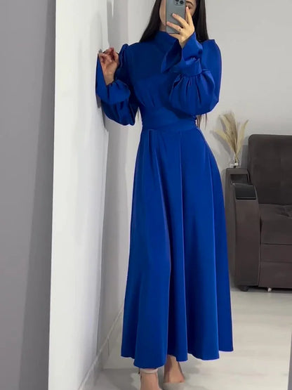 Robe de Soirée Élégante en Satin pour Femme – Maxi Robe Swing avec Manches Bouffantes Longues