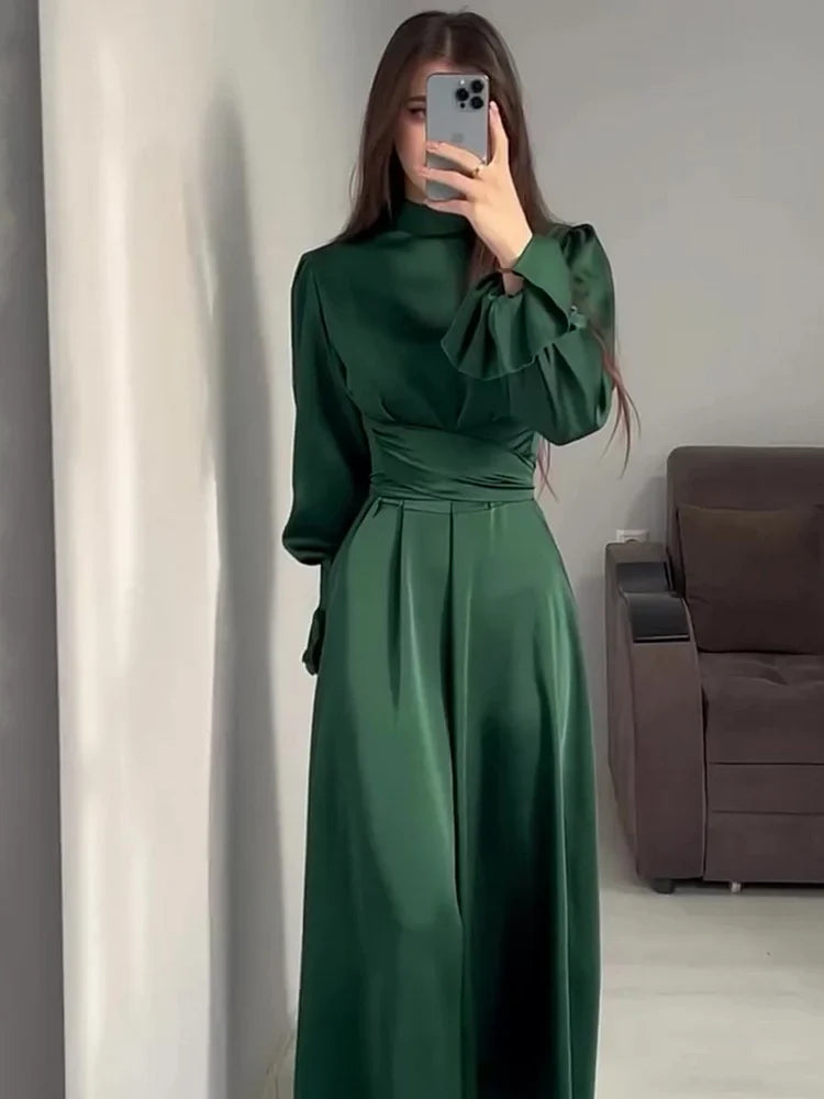 Robe de Soirée Élégante en Satin pour Femme – Maxi Robe Swing avec Manches Bouffantes Longues
