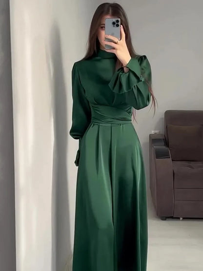 Robe de Soirée Élégante en Satin pour Femme – Maxi Robe Swing avec Manches Bouffantes Longues