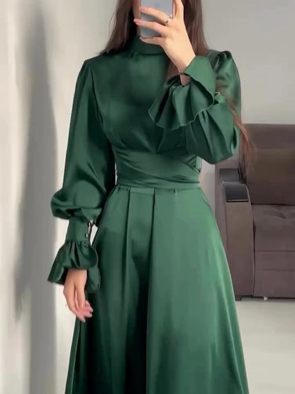 Robe de Soirée Élégante en Satin pour Femme – Maxi Robe Swing avec Manches Bouffantes Longues