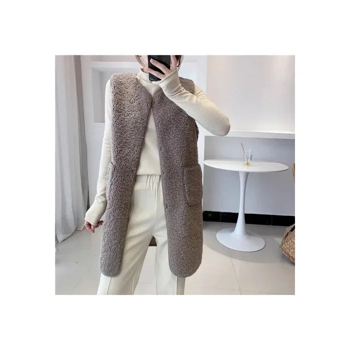 Gilet Long Élégant Femme en Mélange de Laine – Veste Sans Manches Minimaliste et Chaude