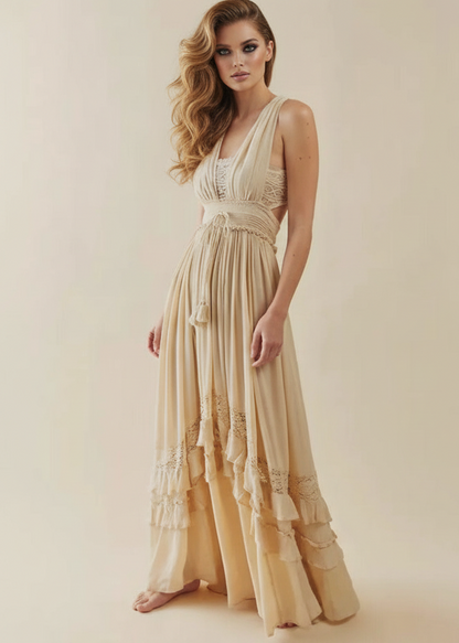 Robe Maxi Crème Élégante Femme – Fluide Sans Manches avec Dos Nu