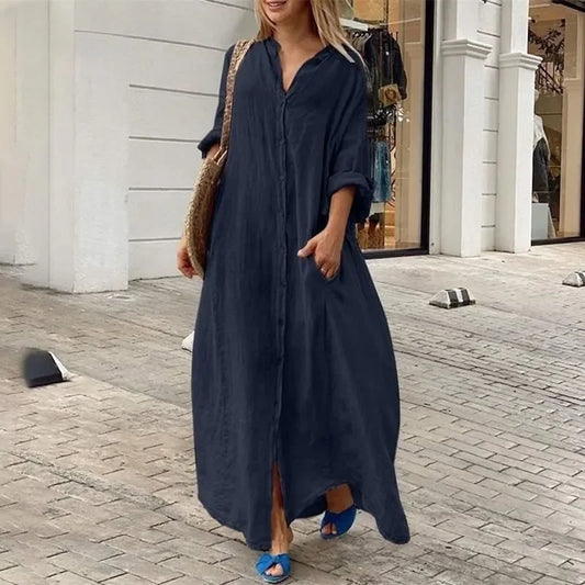Robe chemise longue Alara bleu marine oversize en lin