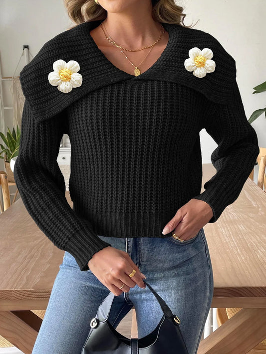 Pull élégant pour femme avec col marguerite – Maille ajustée et confortable
