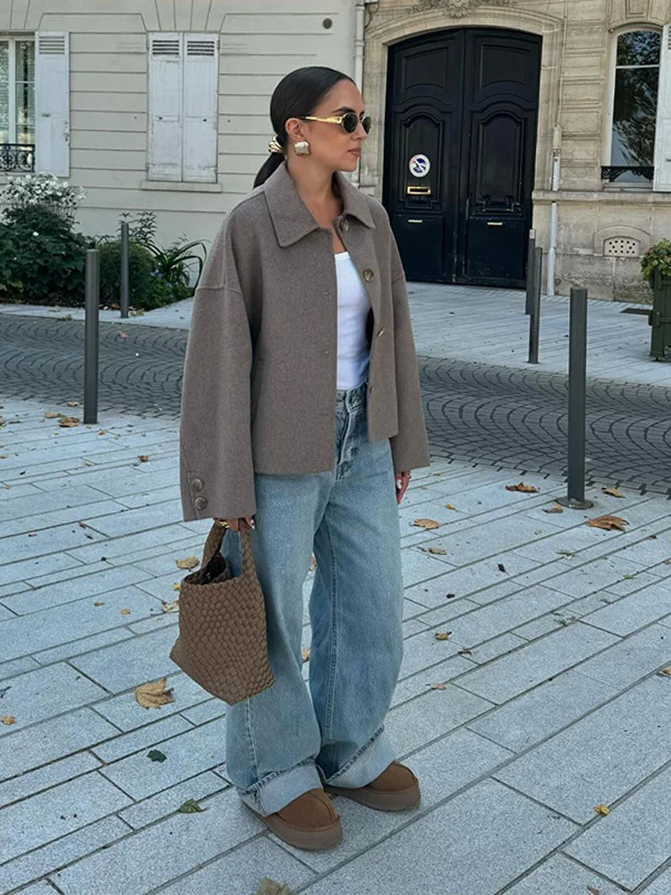 Manteau Femme Élégant en Mélange de Laine – Veste Classique Boutonnée Automne Hiver