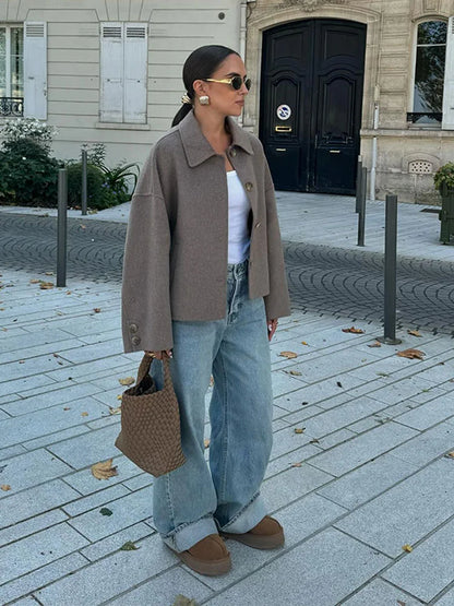 Manteau Femme Élégant en Mélange de Laine – Veste Classique Boutonnée Automne Hiver