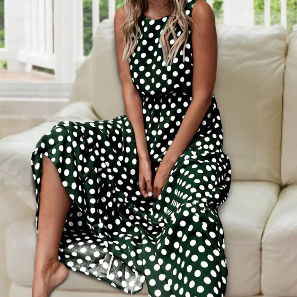 Robe Longue Femme Sans Manches à Pois Coupe Décontractée