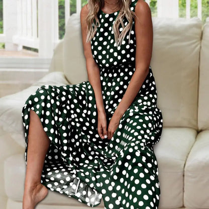 Robe Longue Femme Sans Manches à Pois Coupe Décontractée