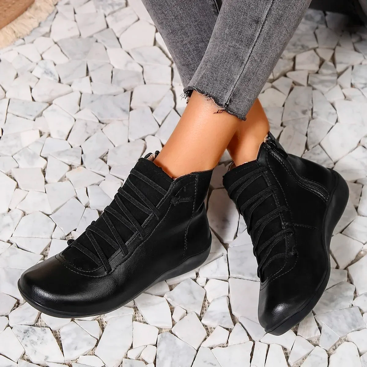 Bottines orthopédiques en cuir imperméables lacées pour femme – Confort quotidien