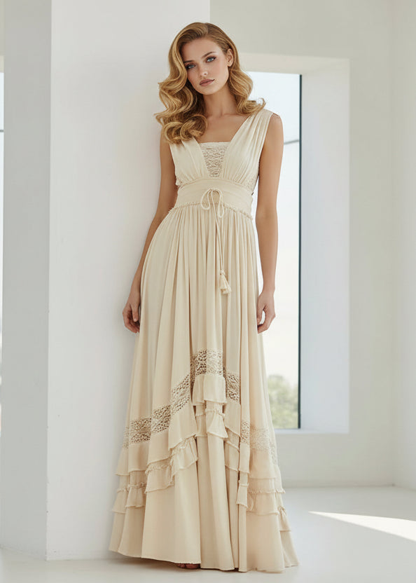 Robe Maxi Crème Élégante Femme – Fluide Sans Manches avec Dos Nu