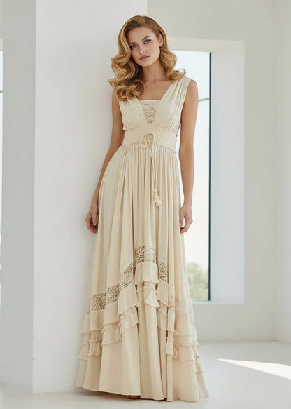 Robe Maxi Crème Élégante Femme – Fluide Sans Manches avec Dos Nu