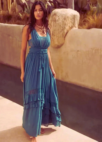 Robe Maxi Bleu Malachite Femme – Style Long Élégant et Fluide