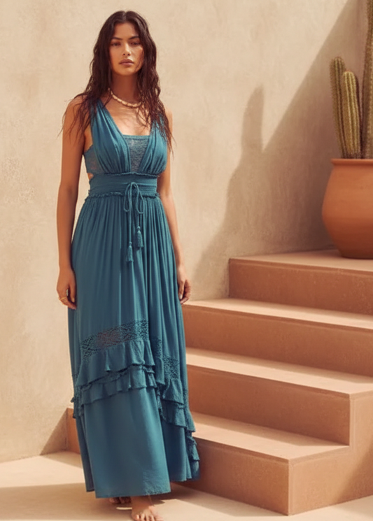 Maxi Dress Blue Malachite Woman – Long Elegant and Flowing Style