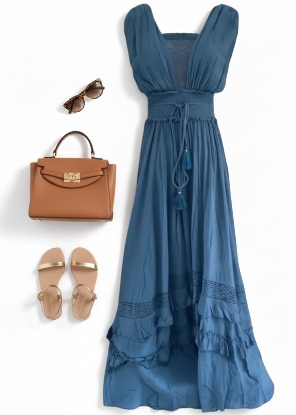 Robe Maxi Bleu Malachite Femme – Style Long Élégant et Fluide