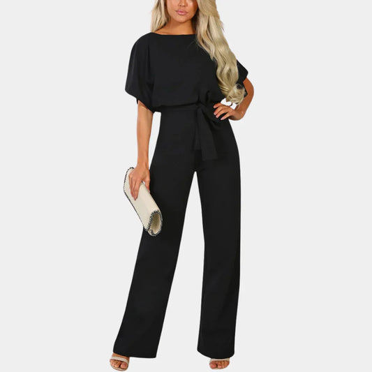 Combinaison élégante femmes – Ceinture, manches courtes et jambes larges, tenue flatteuse et pour occasions décontractées ou habillées