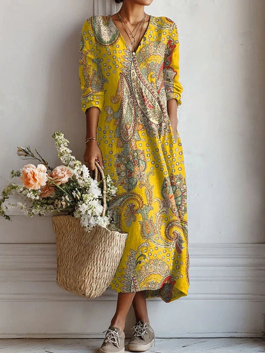 Robe Midi Bohème Paisley Jaune Femme – Coupe Décontractée Confortable