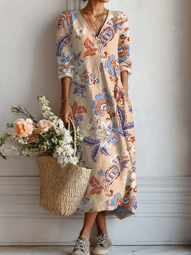 Robe Midi Florale Vintage Femme – Confort Quotidien Coupe Décontractée