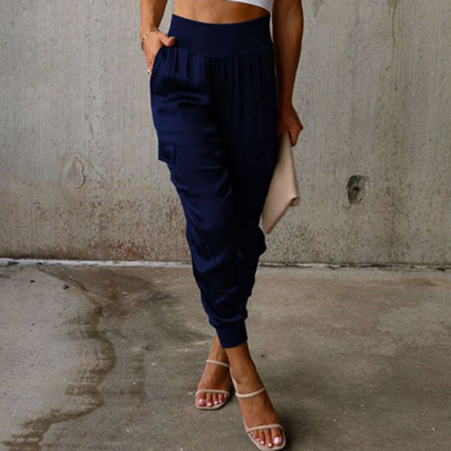 Pantalon cargo en satin taille haute pour femme – Pantalon élégant et décontracté